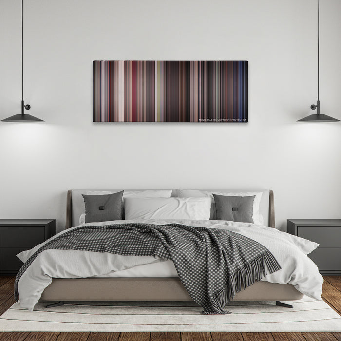 Cape Fear color palette canvas above a bed, between two black pendant lamps