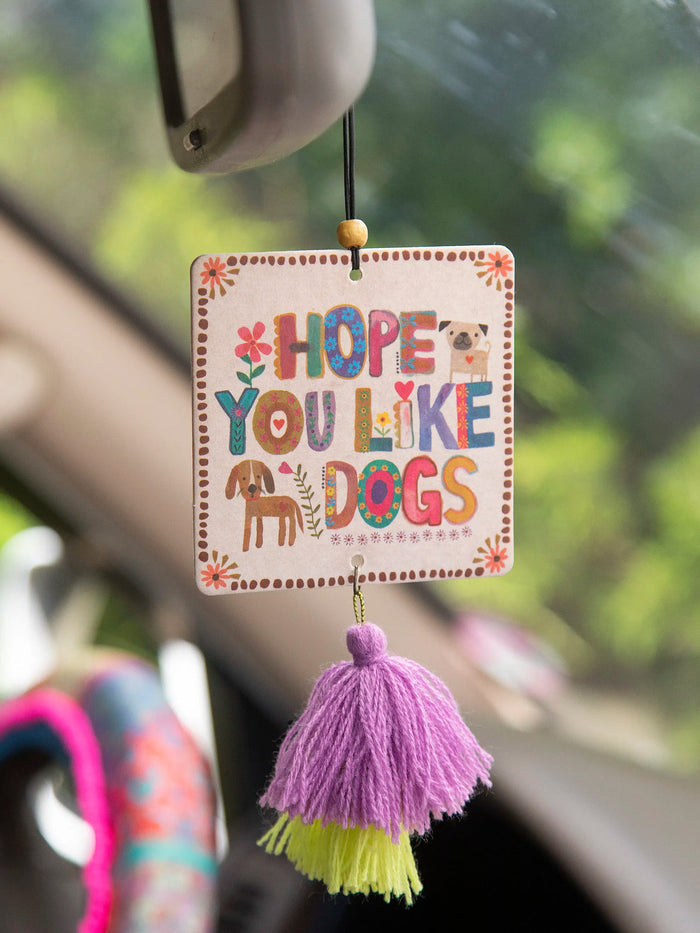 Colorful Hope You Like Dogs car air freshener tag with purple and lime tassels