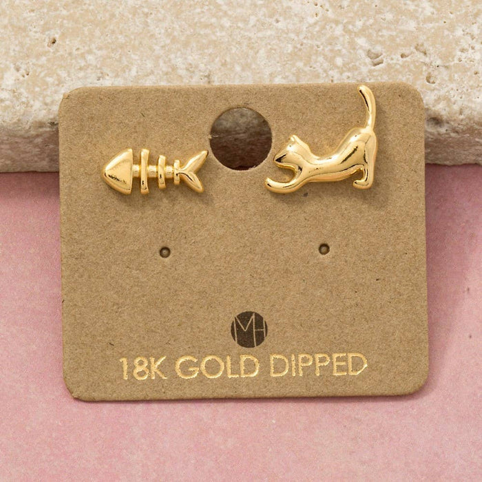 Cat and fish stud earrings in 18K gold dipped finish on a display card