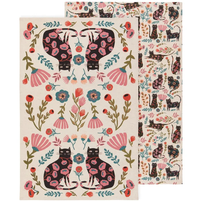 Catbloom dish towel set with two towels showing a floral cat pattern on cream fabric