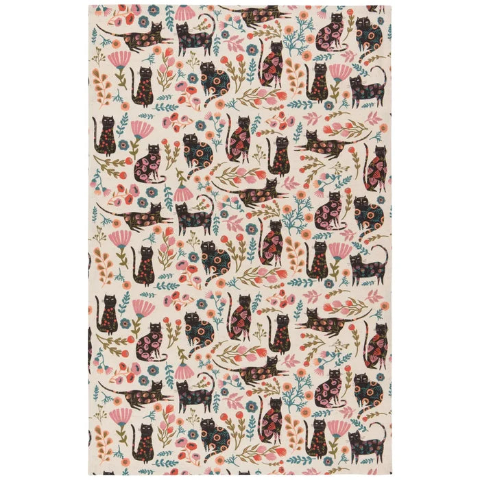 Catbloom dish towel set showing a lively pattern of black cats and vibrant flowers across a pale background.