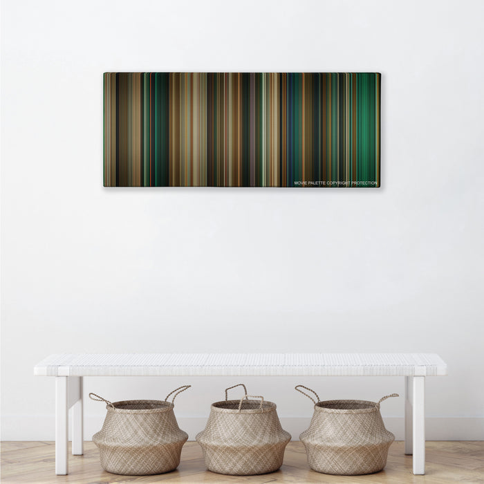 Catwoman color palette canvas above a white bench with three woven baskets