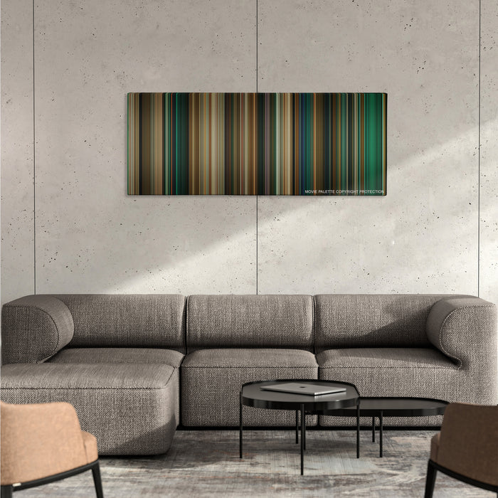 Catwoman color palette canvas on a concrete wall above a gray sectional sofa