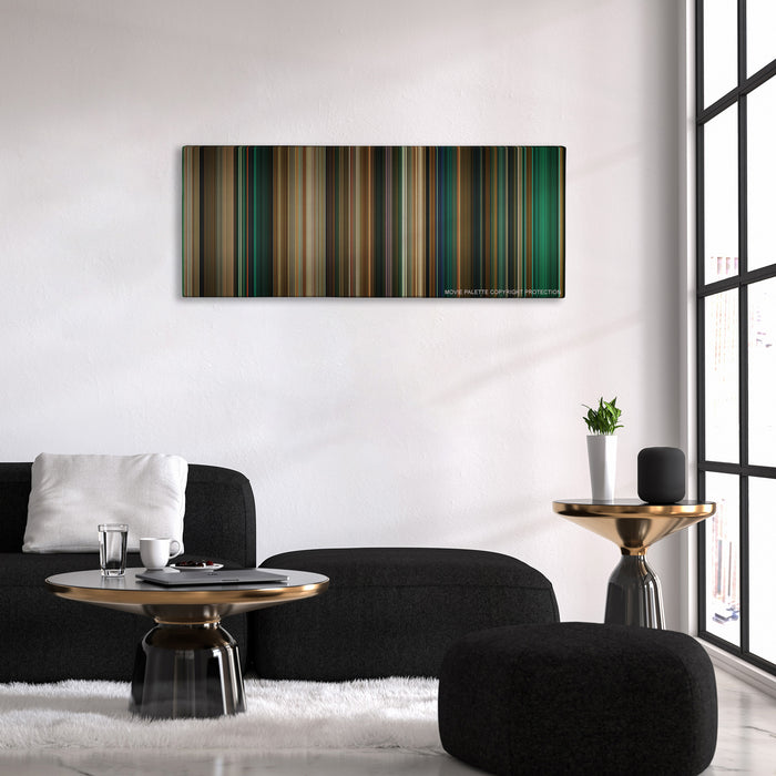 Catwoman color palette canvas above a black sofa with a gold-topped table
