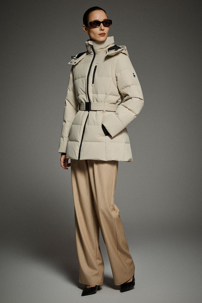Celeste Polished Edge Belted Hooded Down Jacket #color_beige