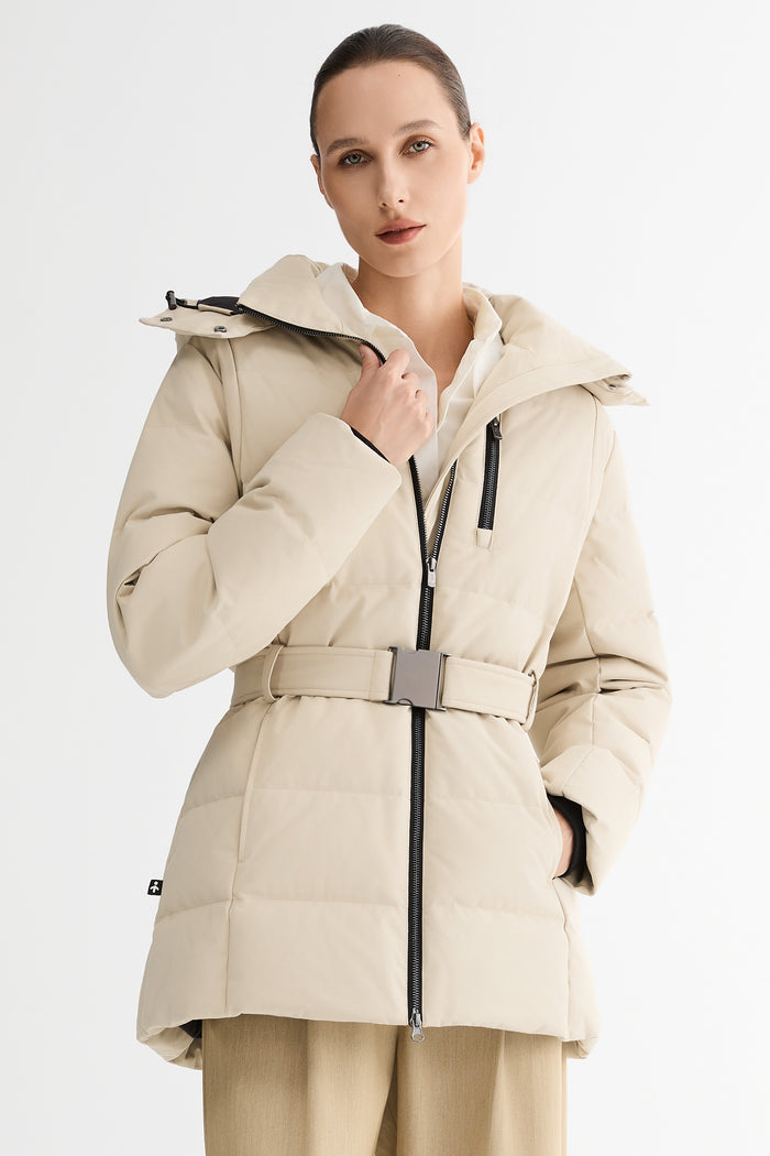 Celeste Polished Edge Belted Hooded Down Jacket #color_beige