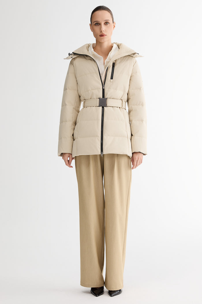 Celeste Polished Edge Belted Hooded Down Jacket #color_beige