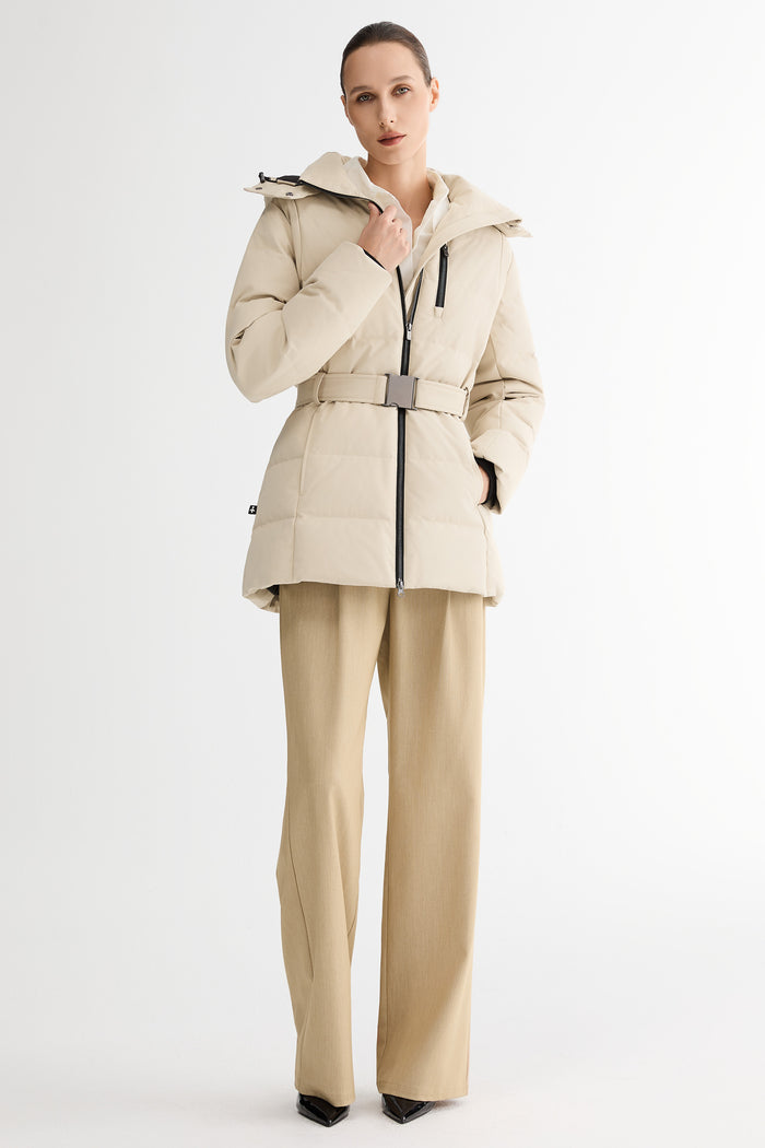 Celeste Polished Edge Belted Hooded Down Jacket #color_beige
