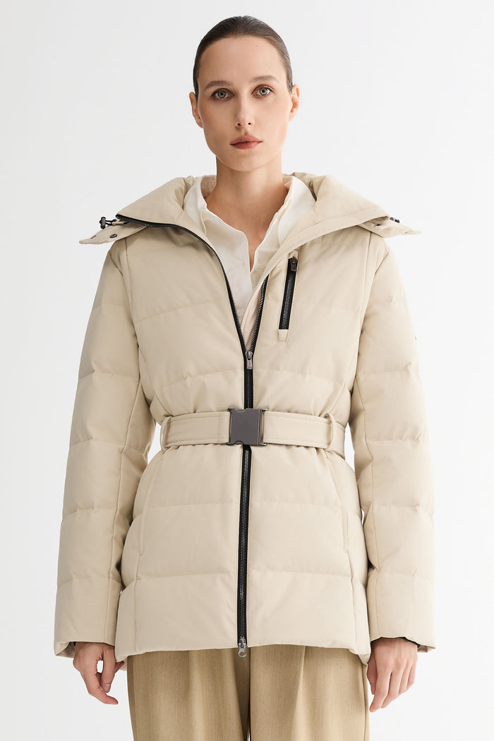 Celeste Polished Edge Belted Hooded Down Jacket #color_beige