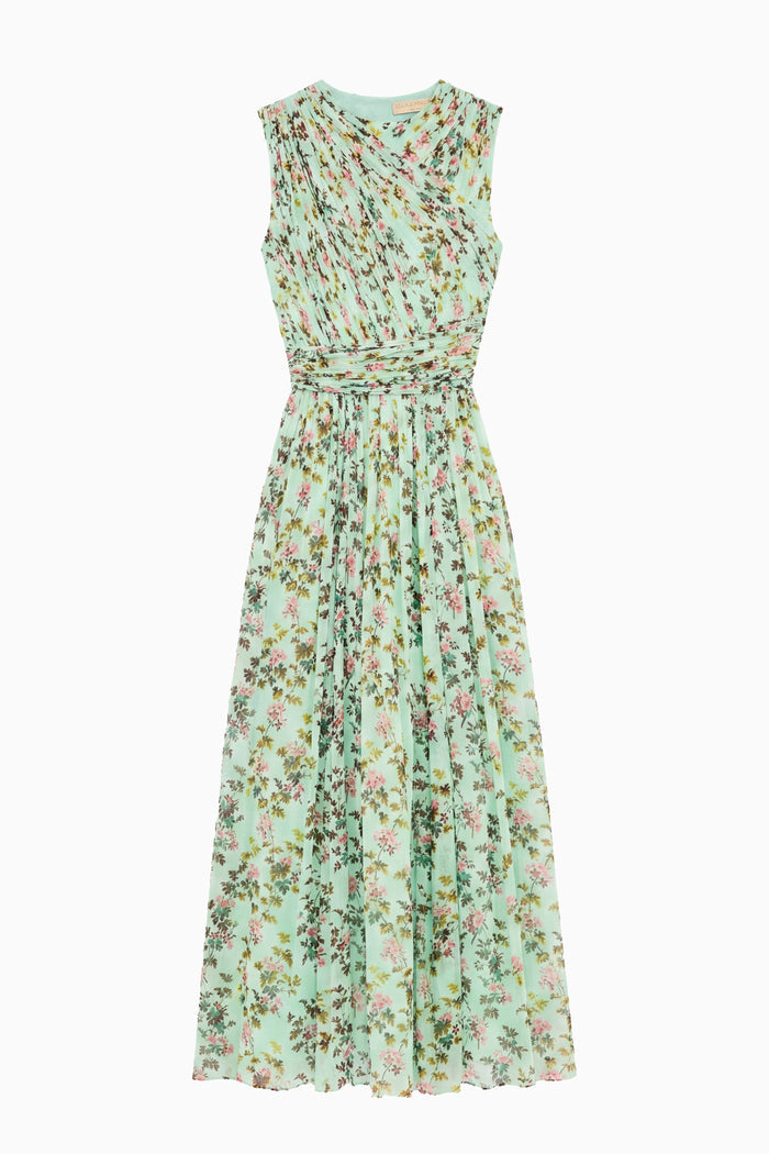 Opaline Floral Print Silk Chiffon Designer Midi Dress - Flat Lay | Ulla Johnson