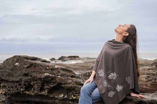 Charcoal Poncho with Oak Leaves Print