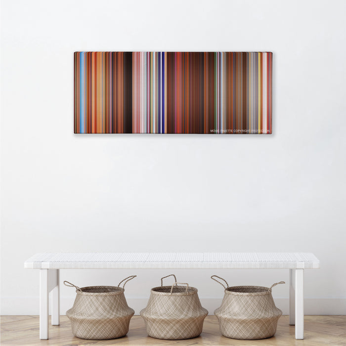 Charlie's Angels color palette canvas above a white bench with three woven baskets