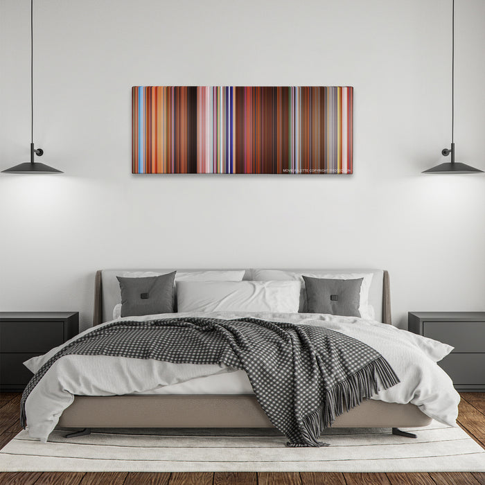 Charlie's Angels color palette canvas above a bed, between two black pendant lamps
