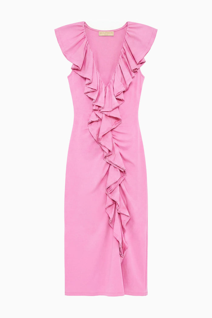 Petunia Pink Designer Ruffle Midi Dress - Flat Lay with Cascading Front Ruffle | Ulla Johnson