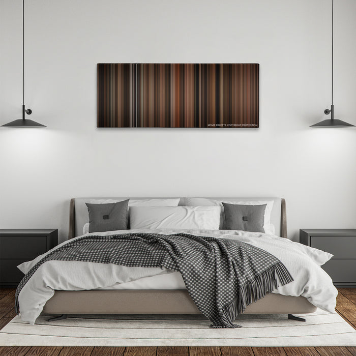 Cinderella Man color palette canvas above a bed, between two black pendant lamps