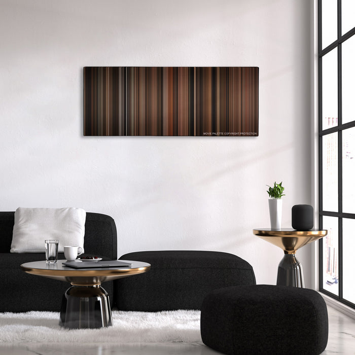 Cinderella Man color palette canvas above a black sofa with a gold-topped table