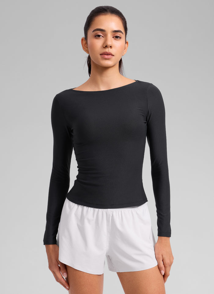 CRZ YOGA Women's Cloudweight Casual Boat Neck Tight Fit Long Sleeve Black