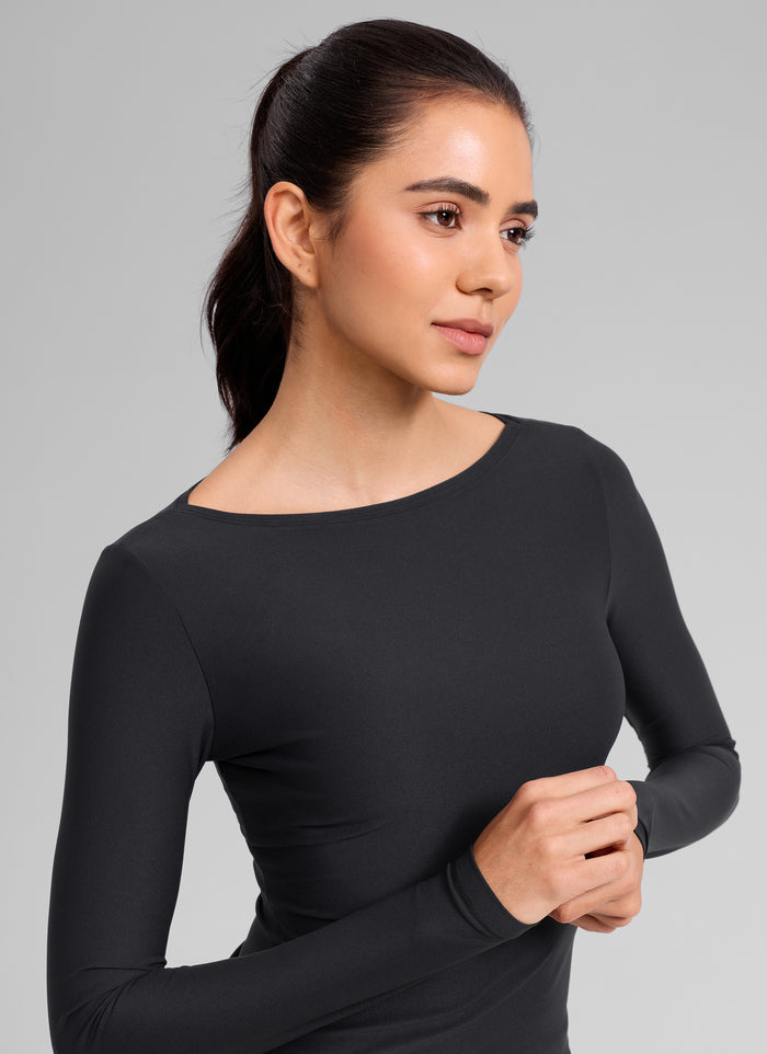 CRZ YOGA Women's Cloudweight Casual Boat Neck Tight Fit Long Sleeve Black