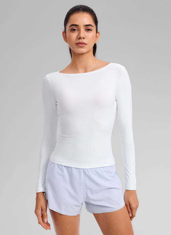 CRZ YOGA Women's Cloudweight Casual Boat Neck Tight Fit Long Sleeve White