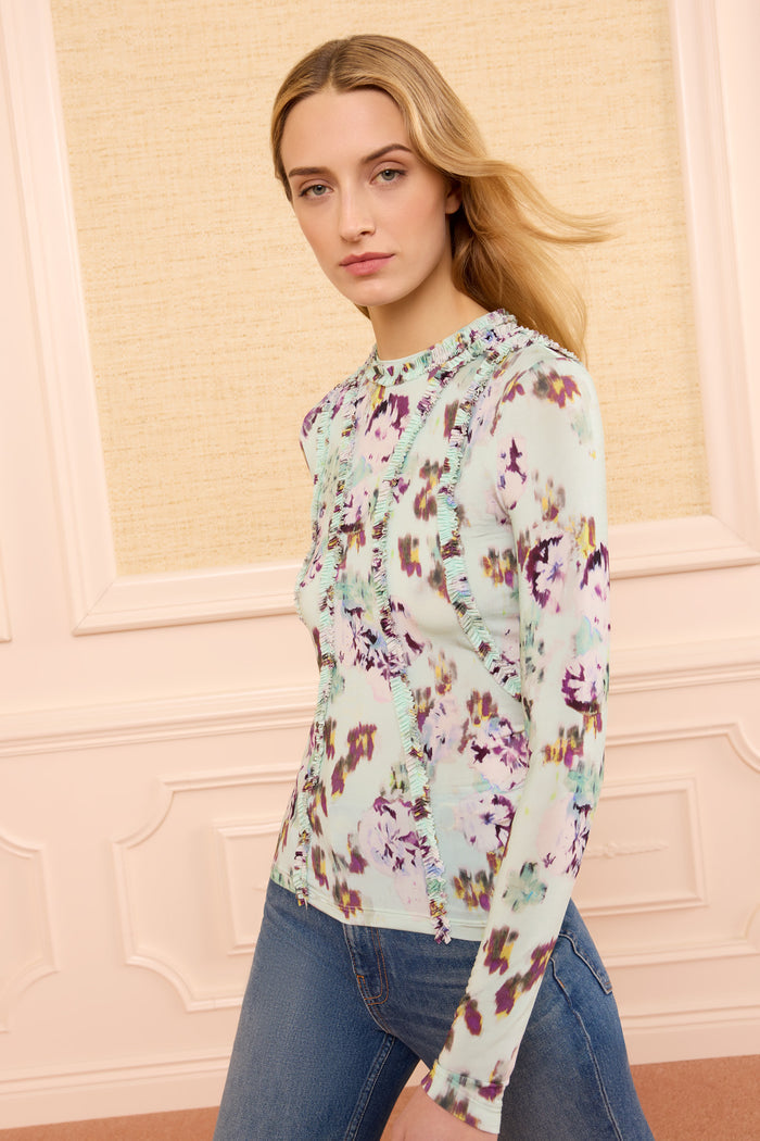Oasis Ikat Floral Long Sleeve Designer Top - Three-Quarter Side View | Ulla Johnson