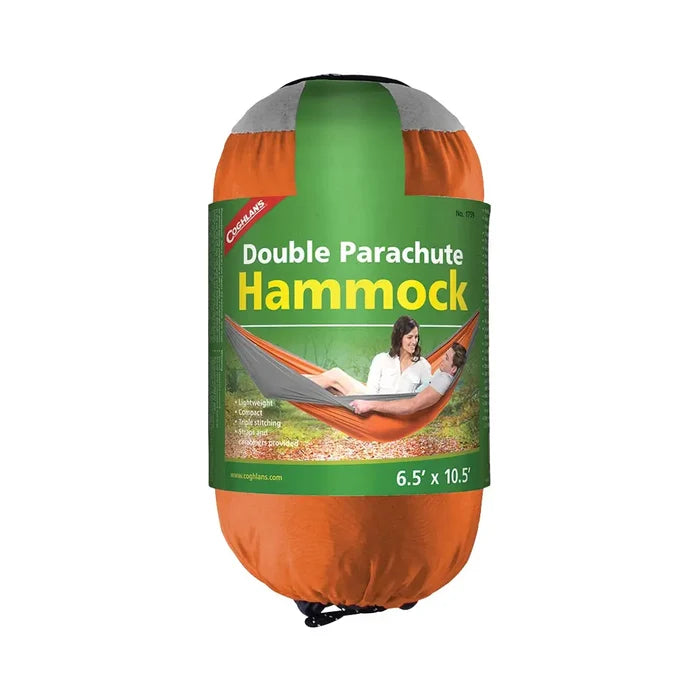 Coghlans double parachute hammock in grey/orange colour packed in its sack with packaging photographed on a white background
