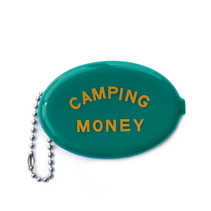 Teal oval camping money coin pouch with gold CAMPING MONEY lettering and a silver ball chain