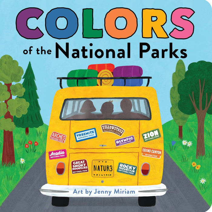 Colors of the National Parks board book cover featuring a yellow vehicle with park stickers in a green forest.