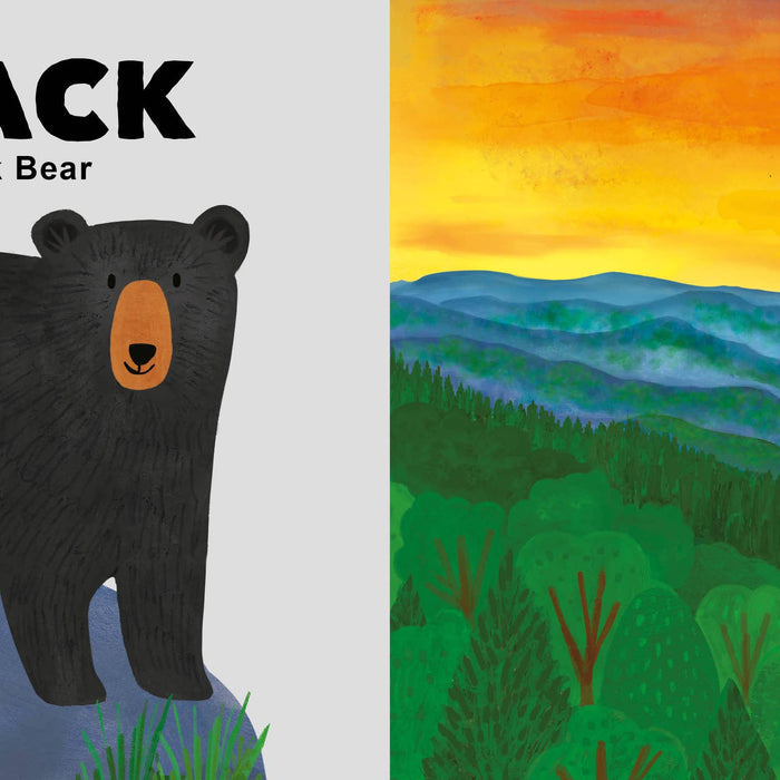 Split cover showing a large black bear on a gray panel on the left and a layered green mountain landscape with trees and a sunset sky on the right.