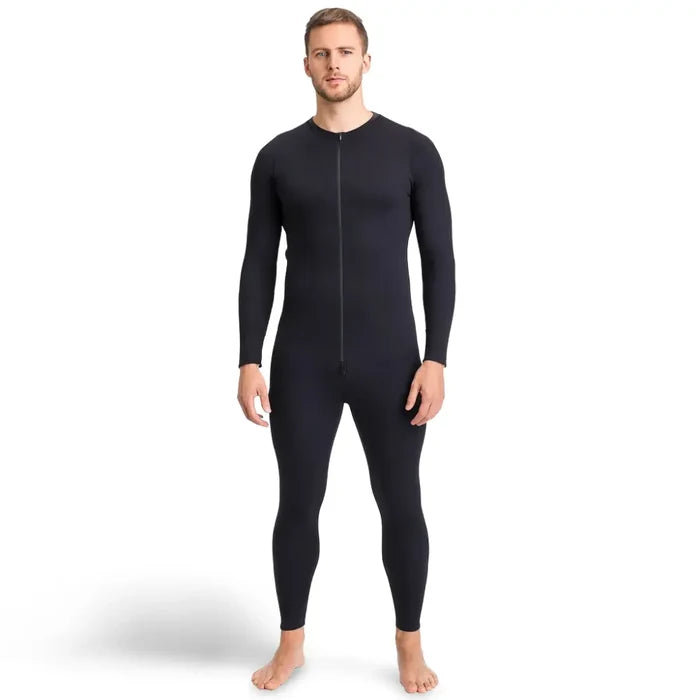 Man wearing a black Sub Zero Cool T wicking onesie suit on a white background