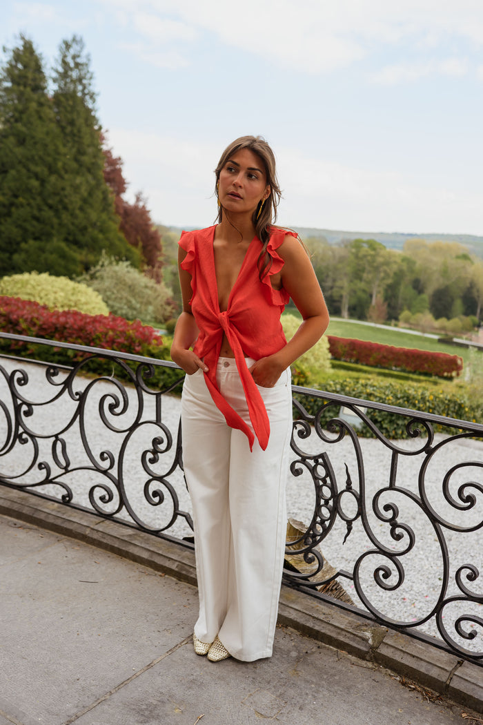 Coral Beth top ruffle shoulder detail