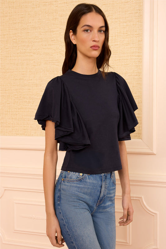 Midnight Organic Cotton Cordelia Top with Flutter Sleeves - Front View On Model | Ulla Johnson