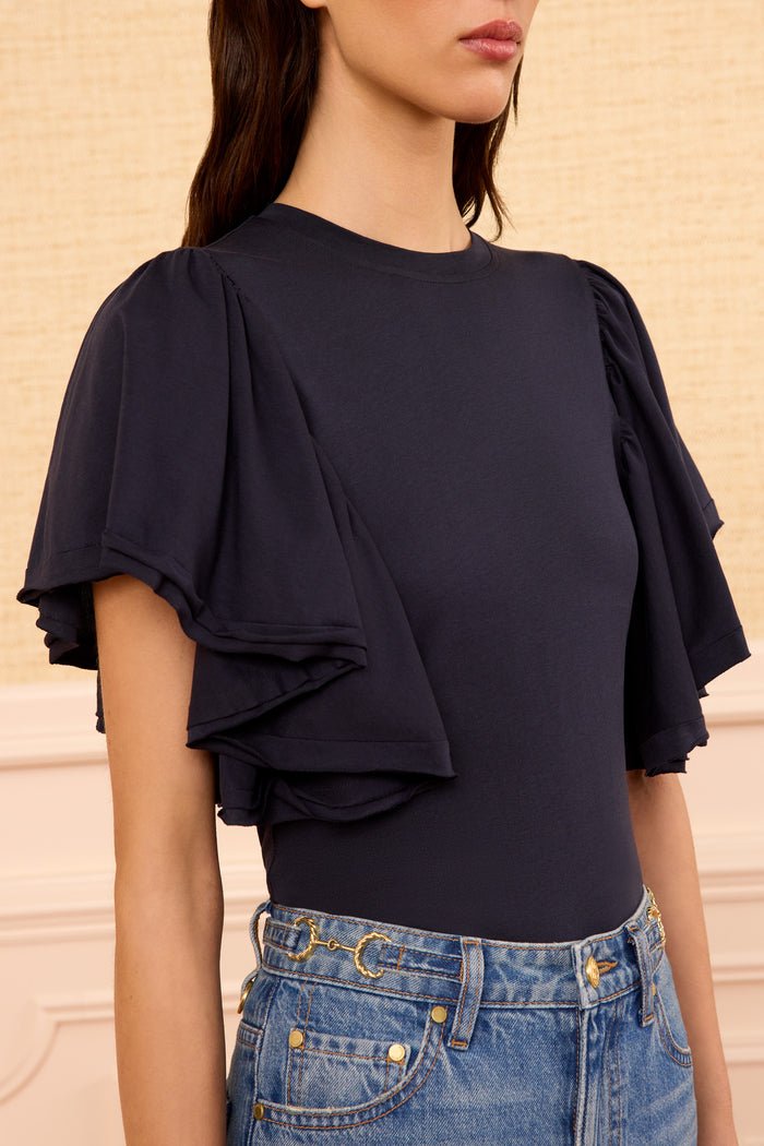 Midnight Designer Cotton Top with Cascading Ruffle Sleeve Detail - Close-Up Front | Ulla Johnson