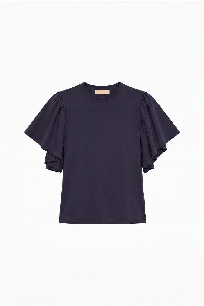 Midnight Organic Cotton Cordelia Top with Tiered Flutter Sleeves - Flat Lay | Ulla Johnson