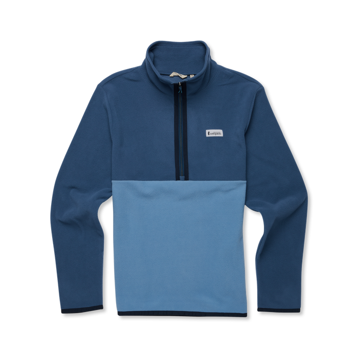 Front view of Cotopaxi Amado fleece pullover men's in two tone blue with a color block across the torso