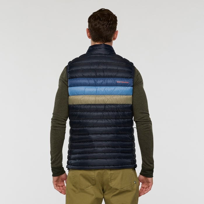 Back view of the Cotopaxi Fuego Down Vest with horizontal quilted panels in navy, light blue, and tan stripes