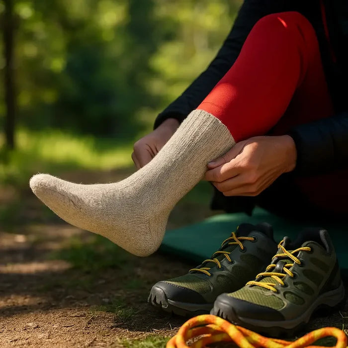 Person putting on a Sub Zero cotton walking sock in oatmeal colour prior to walking boots