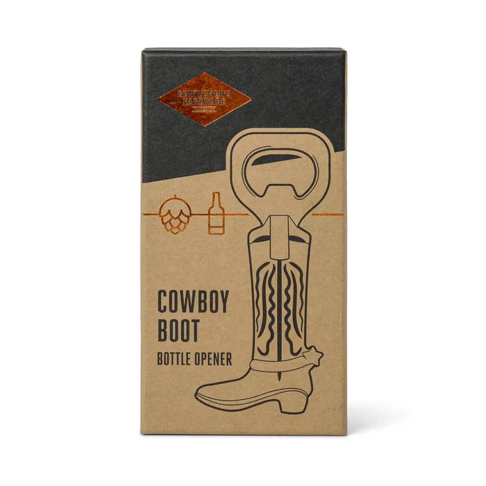 Brown kraft packaging for a cowboy boot bottle opener featuring a large boot illustration
