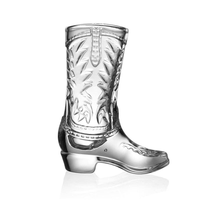 Clear glass shot glass shaped like a cowboy boot.