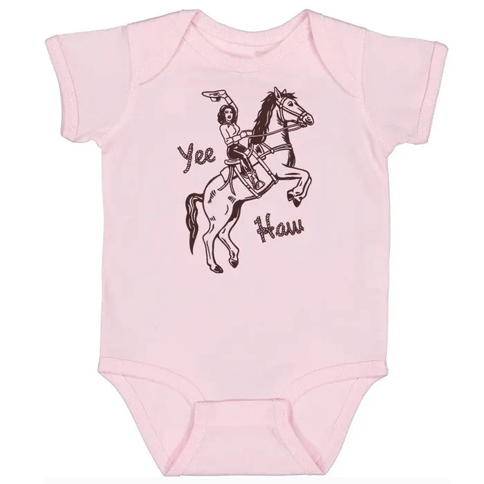 Pink infant bodysuit with a cowboy riding a horse illustration.