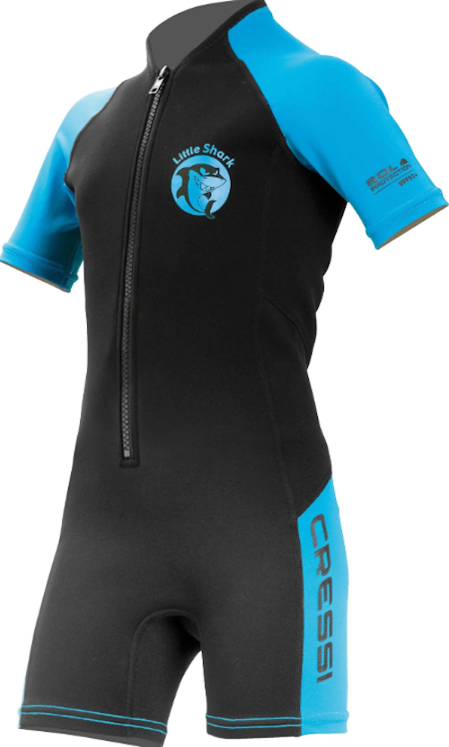 Black and blue wetsuit with 'Little Shark' logo on a white background