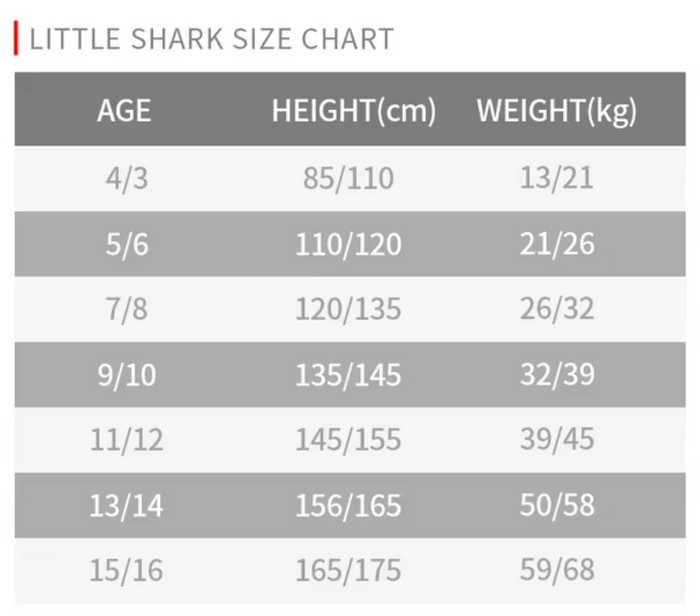 Little Shark size chart showing age, height, and weight measurements.