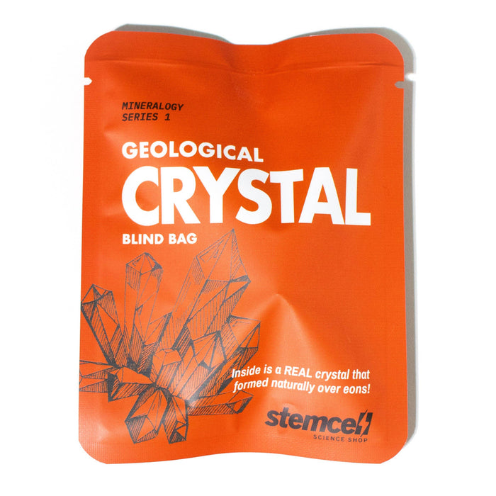 Orange mineralogy crystal blind bag showing a crystal checklist and geometric crystal illustration