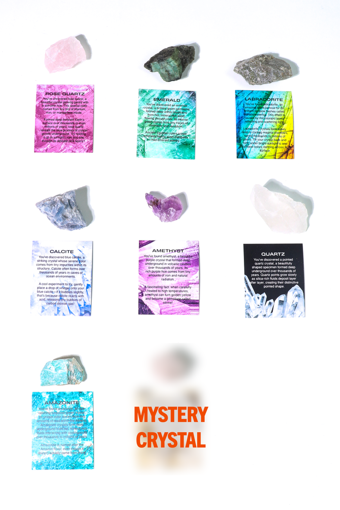 Crystal Blind Bag assortment with pink quartz, emerald, and gray crystals, each paired with a colored Certificate of Authenticity card