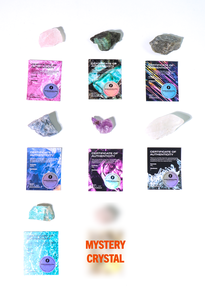 Crystal Blind Bag display showing pink, teal, and gray crystals with three Certificate of Authenticity cards in pink teal and blue