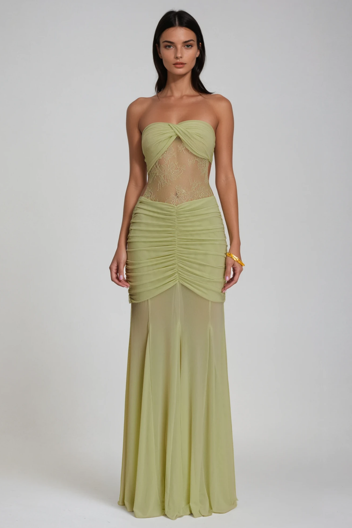 Daedalus Strapless Lace Ruch Maxi Dress