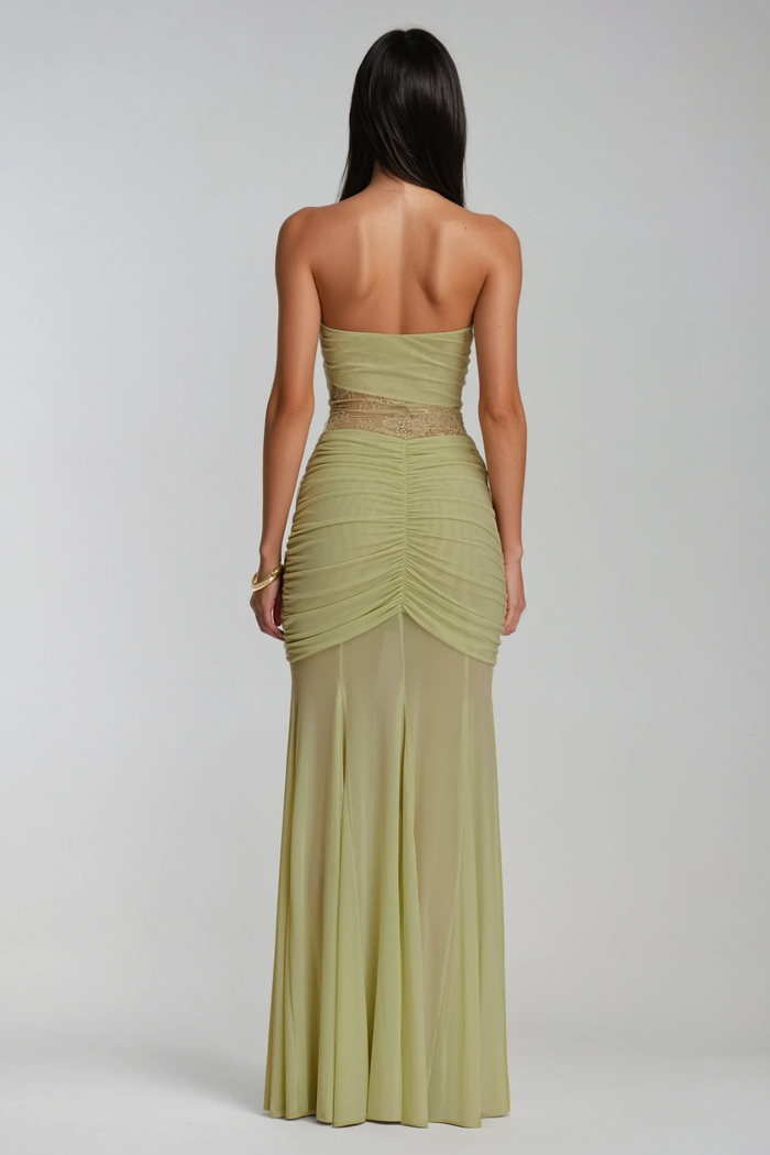 Daedalus Strapless Lace Ruch Maxi Dress