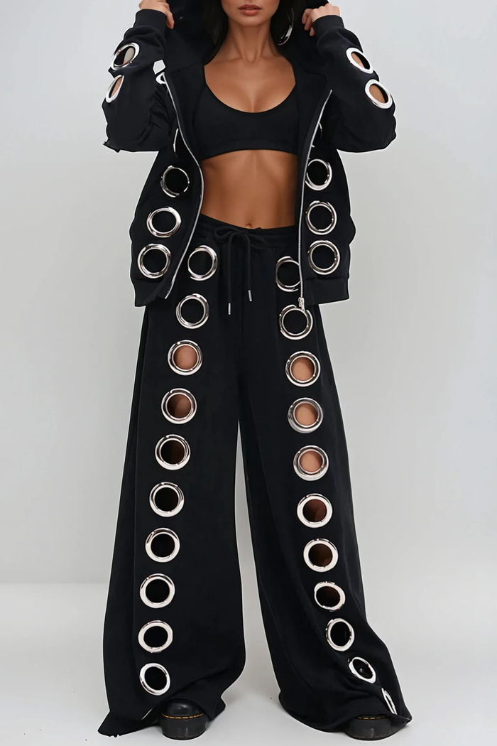 Daniyal Eyelet Hooded Pants Set In Black