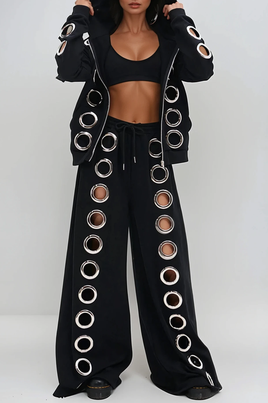 Daniyal Eyelet Hooded Pants Set In Black