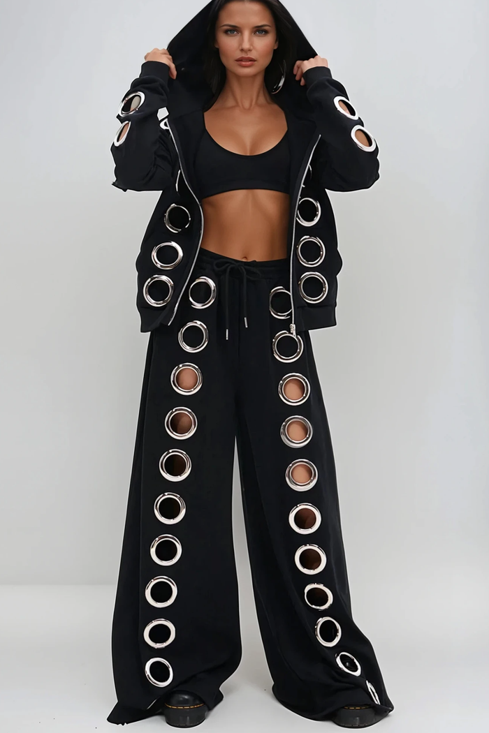Daniyal Eyelet Hooded Pants Set In Black
