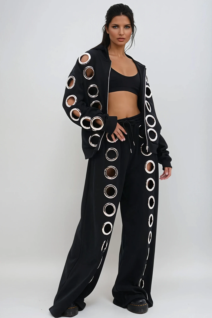 Daniyal Eyelet Hooded Pants Set In Black